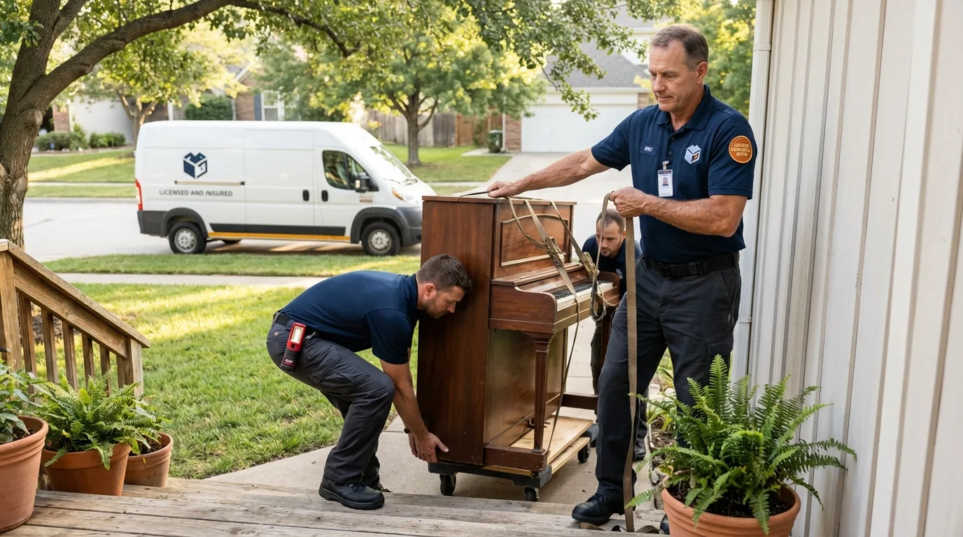 Licensed piano movers securing grand piano in Mohawk, NY