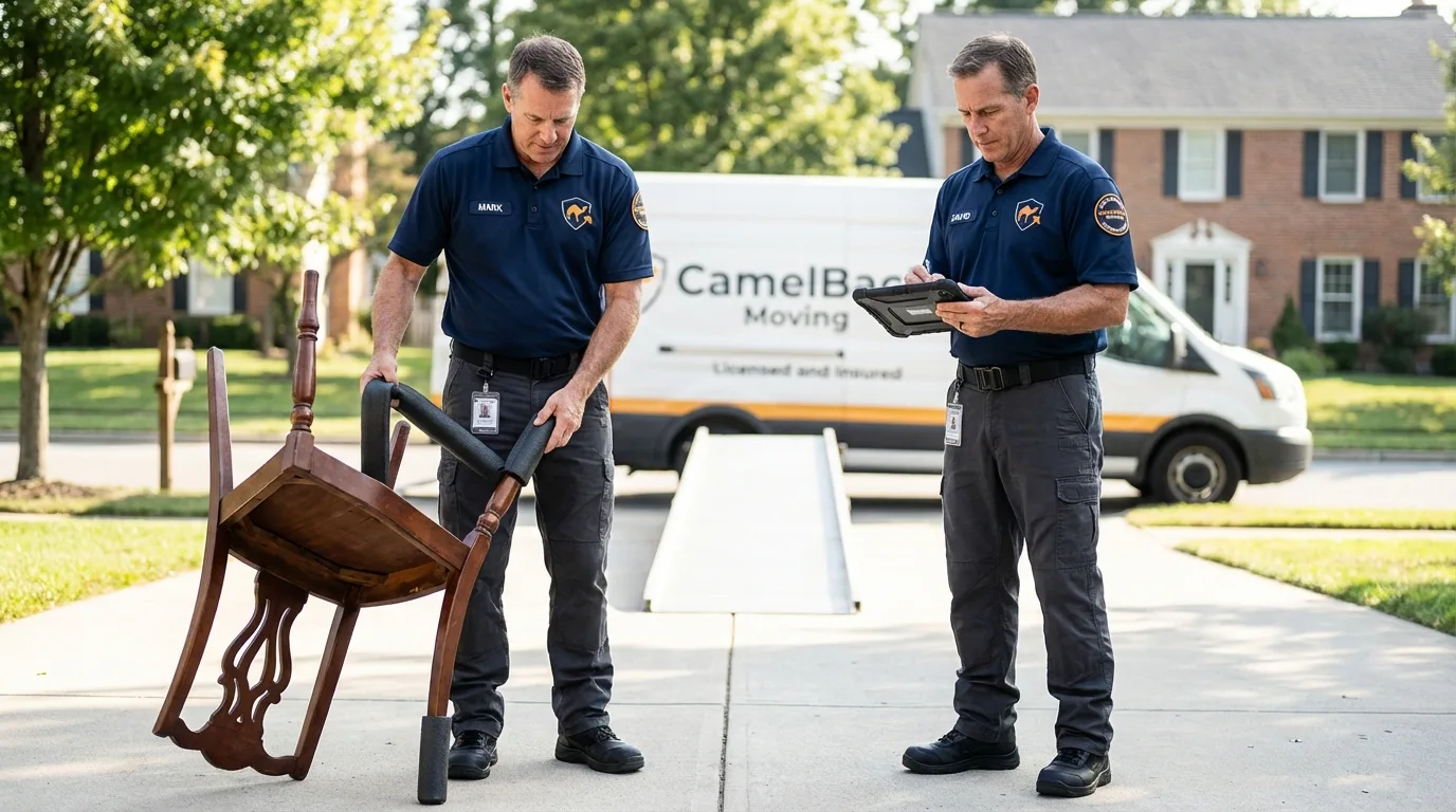 Movers inspecting furniture for damage prevention before loading in Mohawk, NY